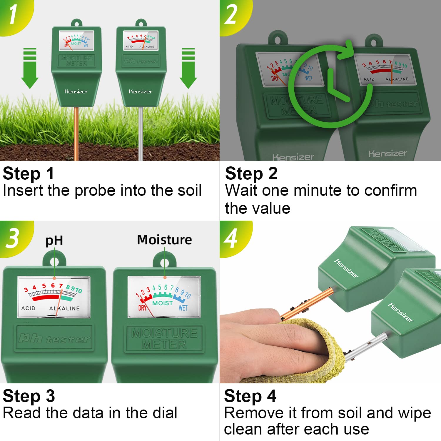 Kensizer pH-moisture value readout helps assess soil conditions.