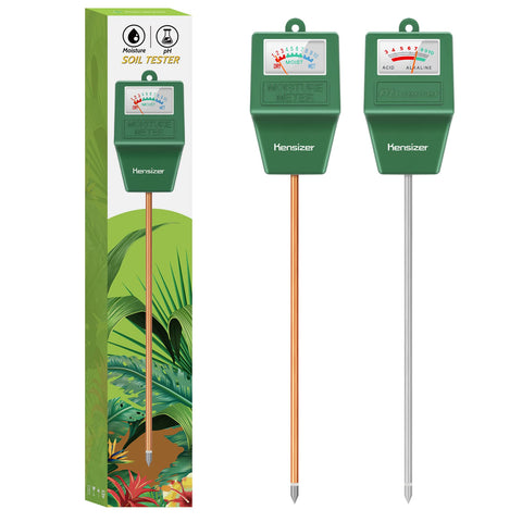 Kensizer soil tester dashboard reveals moisture and pH levels for easy garden checks.