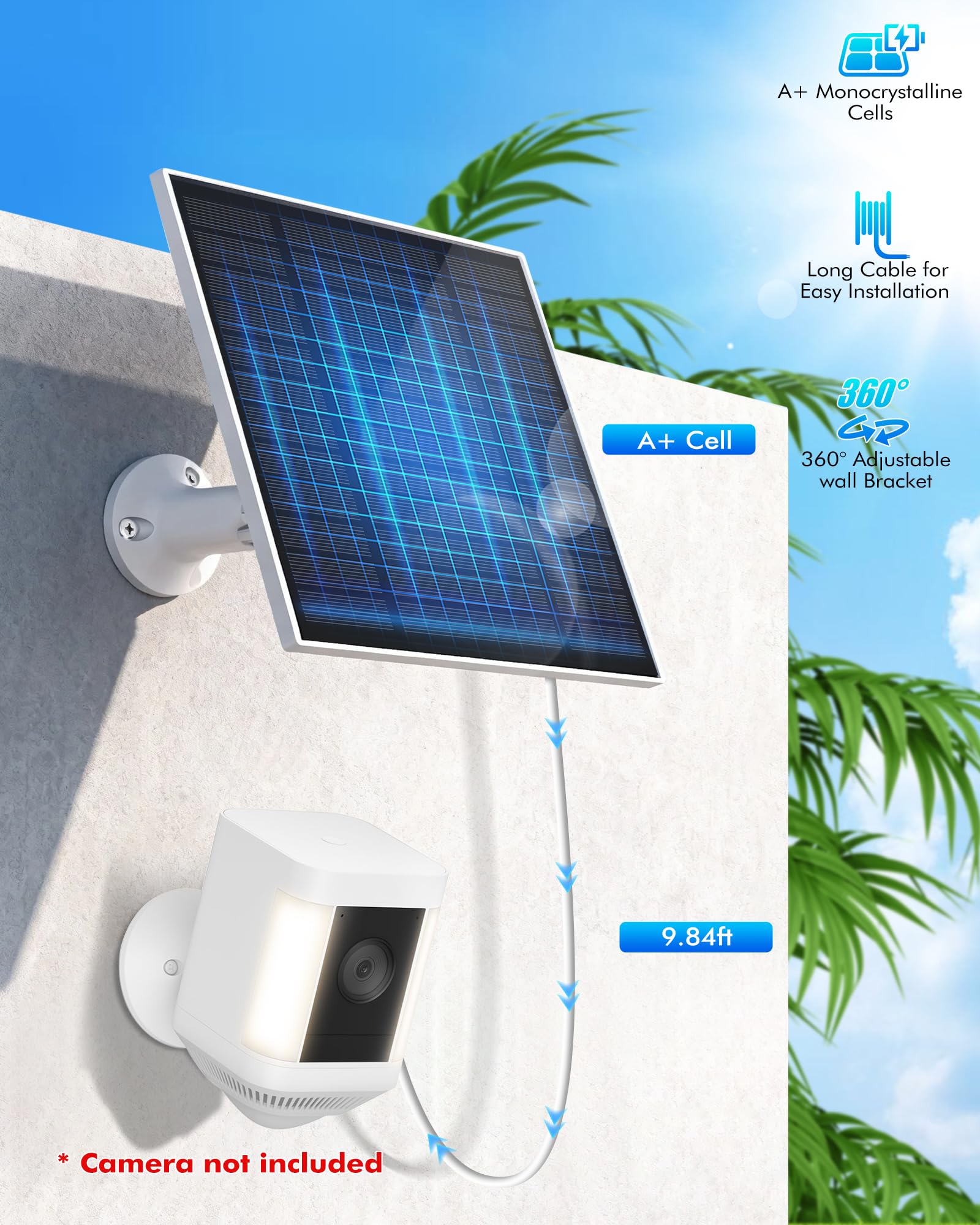 KEPEAK solar panel mounted on wall provides steady power for security cameras.