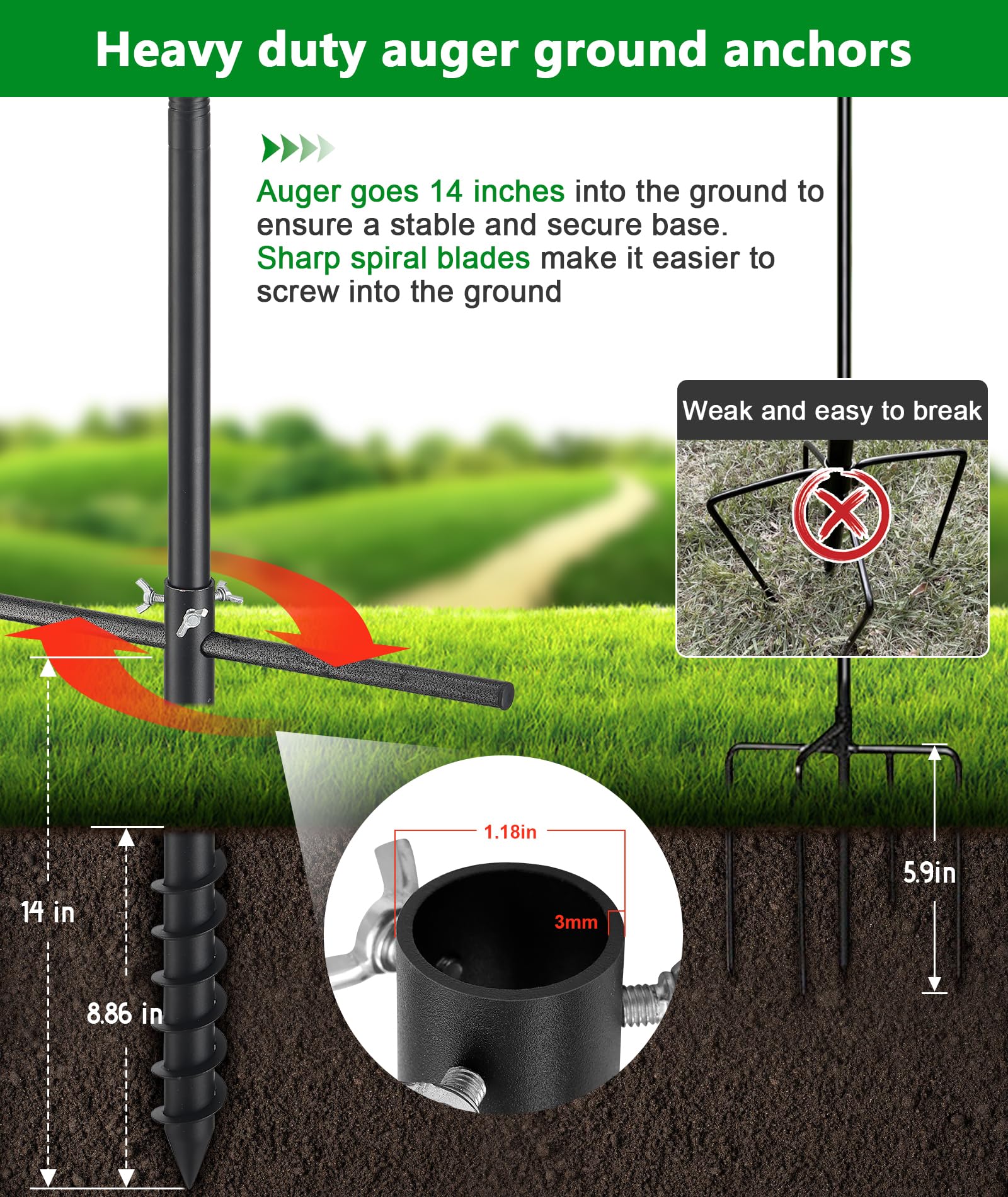 Keplrend auger base 14-inch deep anchors firmly into soil for stability