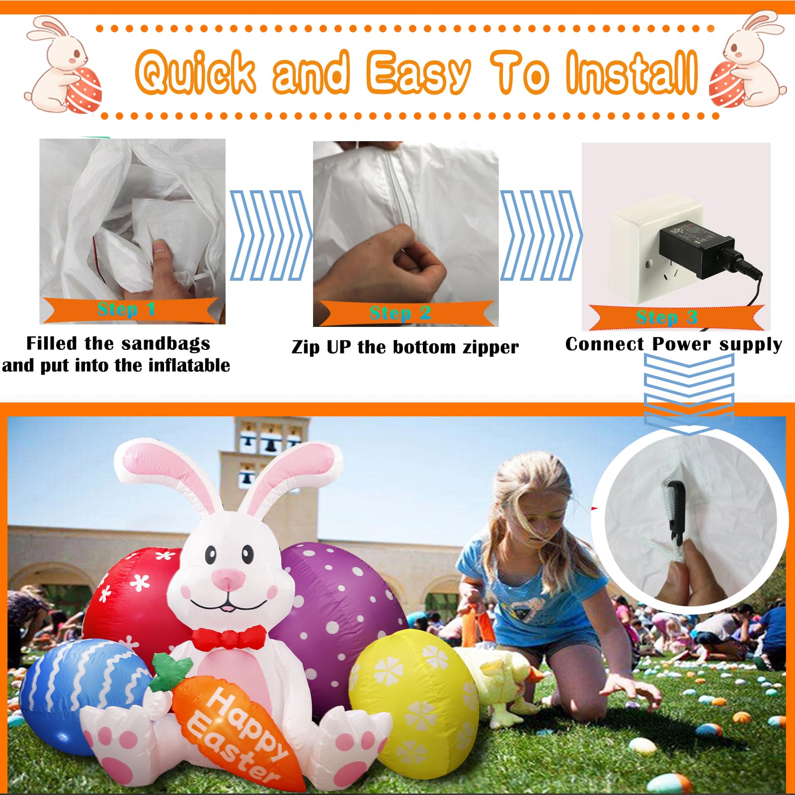 Kerithsoco bunny secured with stakes and sandbag for windy days.