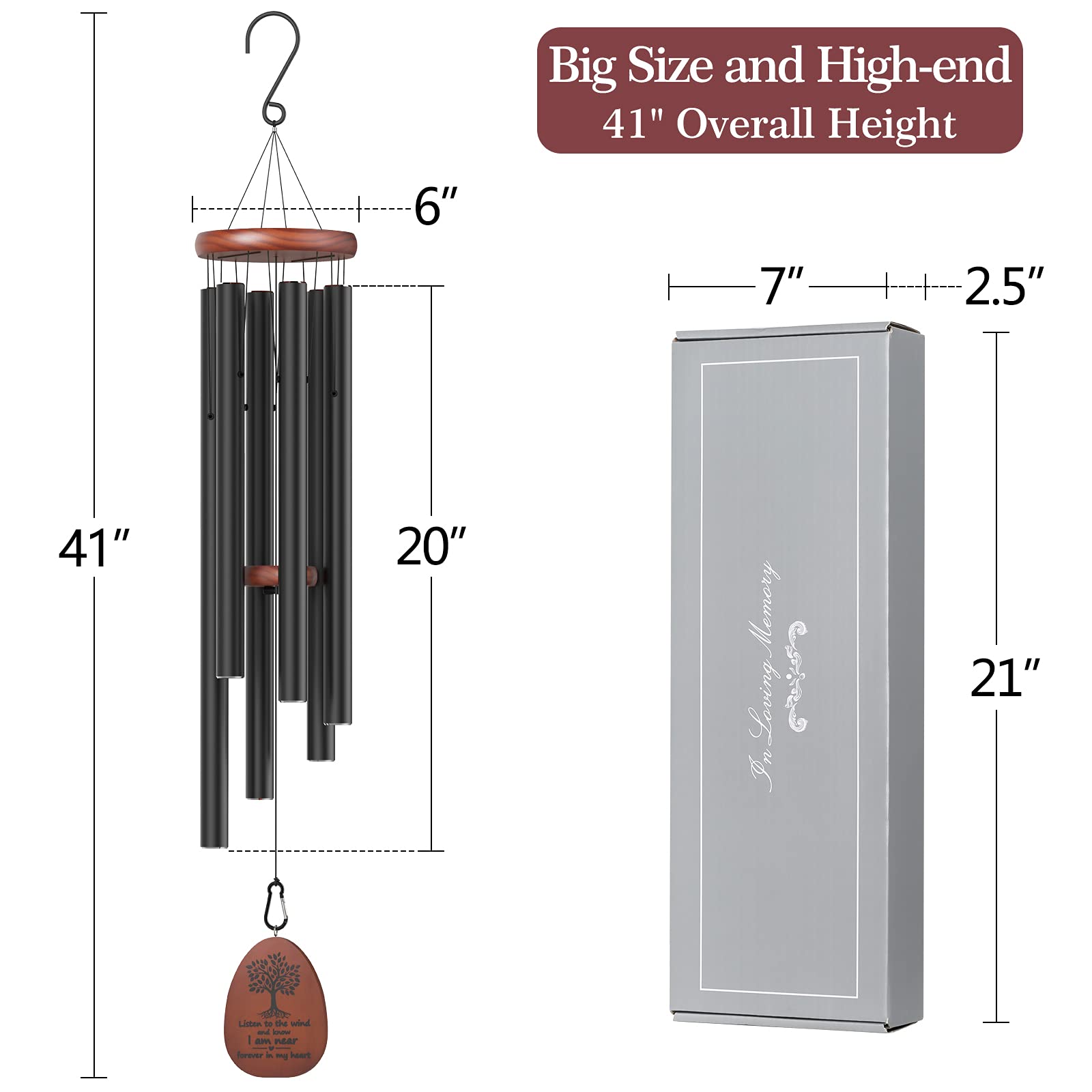 kerligher Sympathy Wind Chimes deep tone with black tubes for serene remembrance