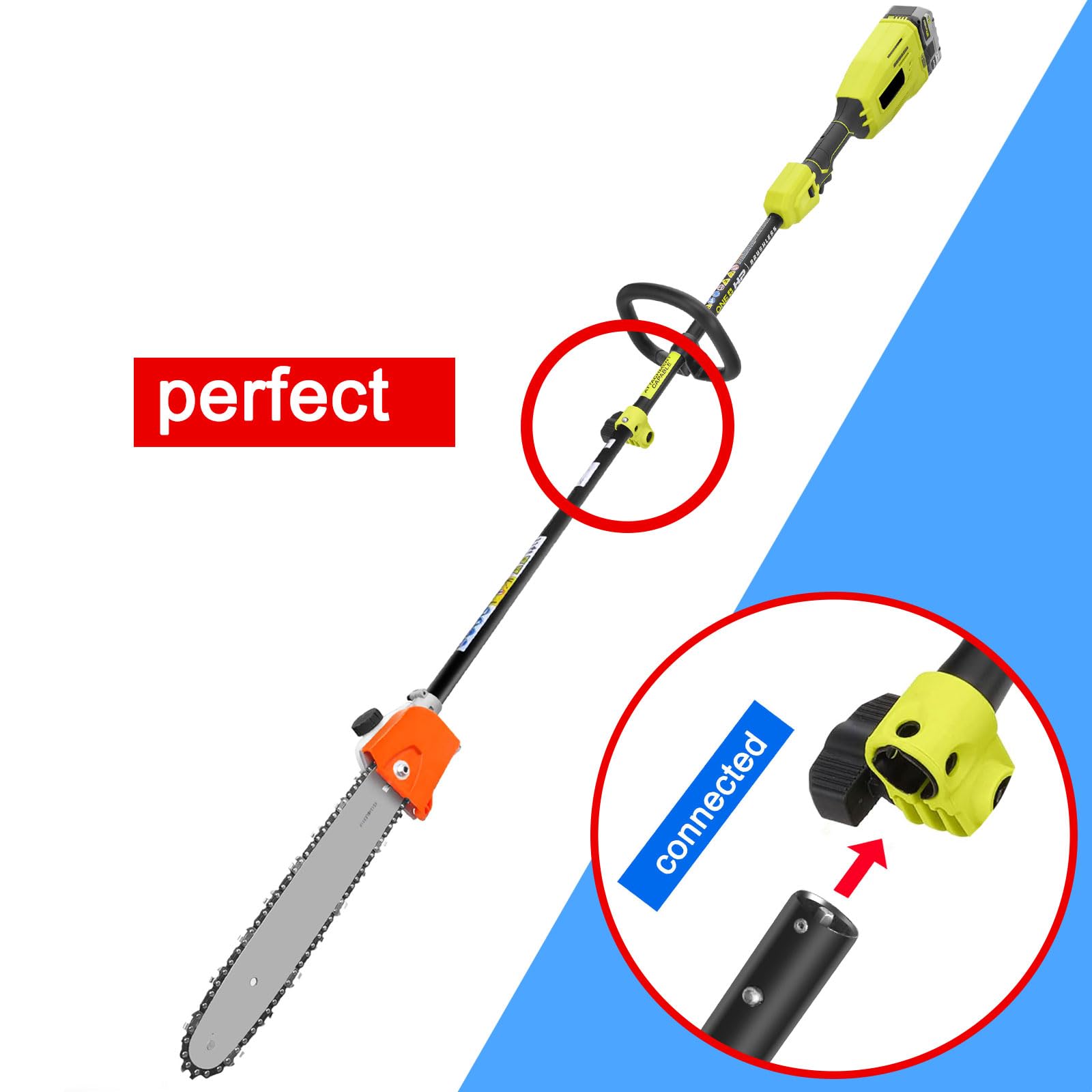 Kerlista packaging includes pole saw attachment and extension pole, ready for setup.
