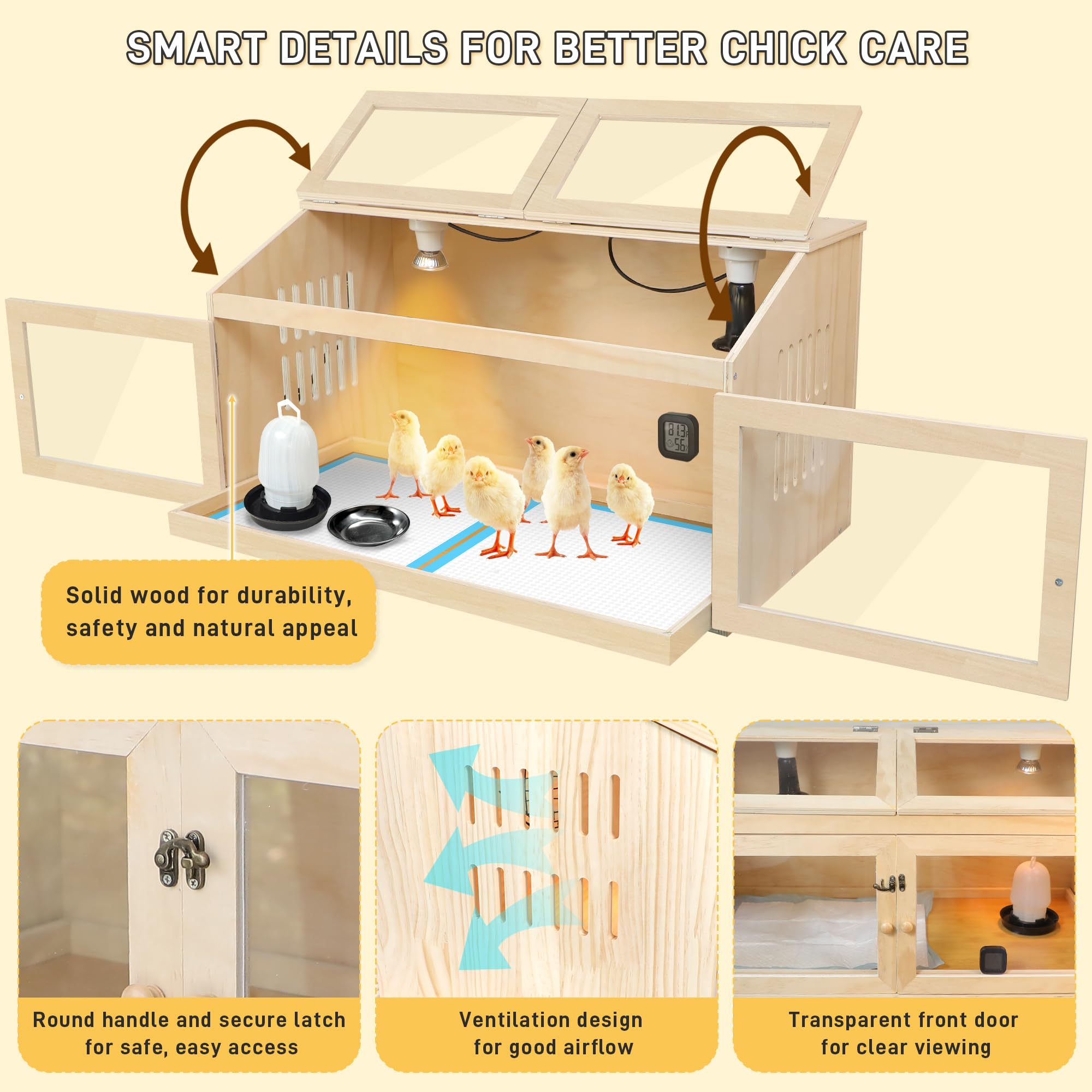Kerty chicken brooder box front door open for easy feeding and care.