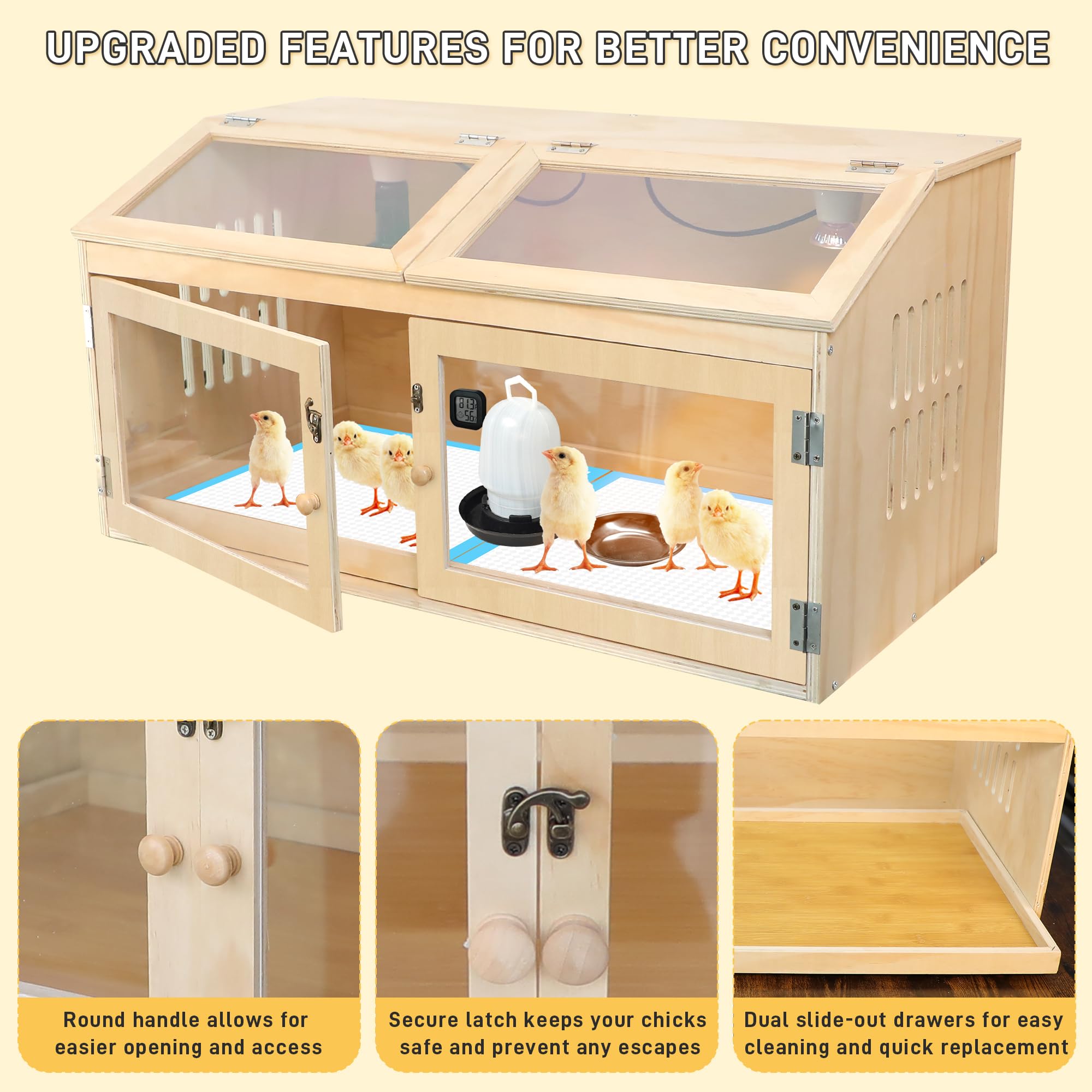 Kerty chicken brooder box premium wood structure resists warping and maintains stability.