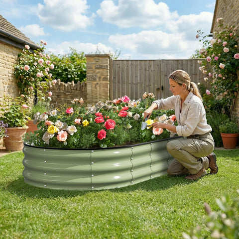 Kesfitt oval bed in a backyard garden offering spacious planting area.