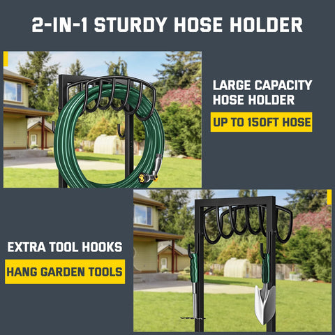 Kesfitt hose holder with back hooks for hanging tools and sprinklers.