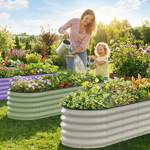 Kesfitt oval garden bed modular assembly demonstrates versatile layouts for narrow spaces.
