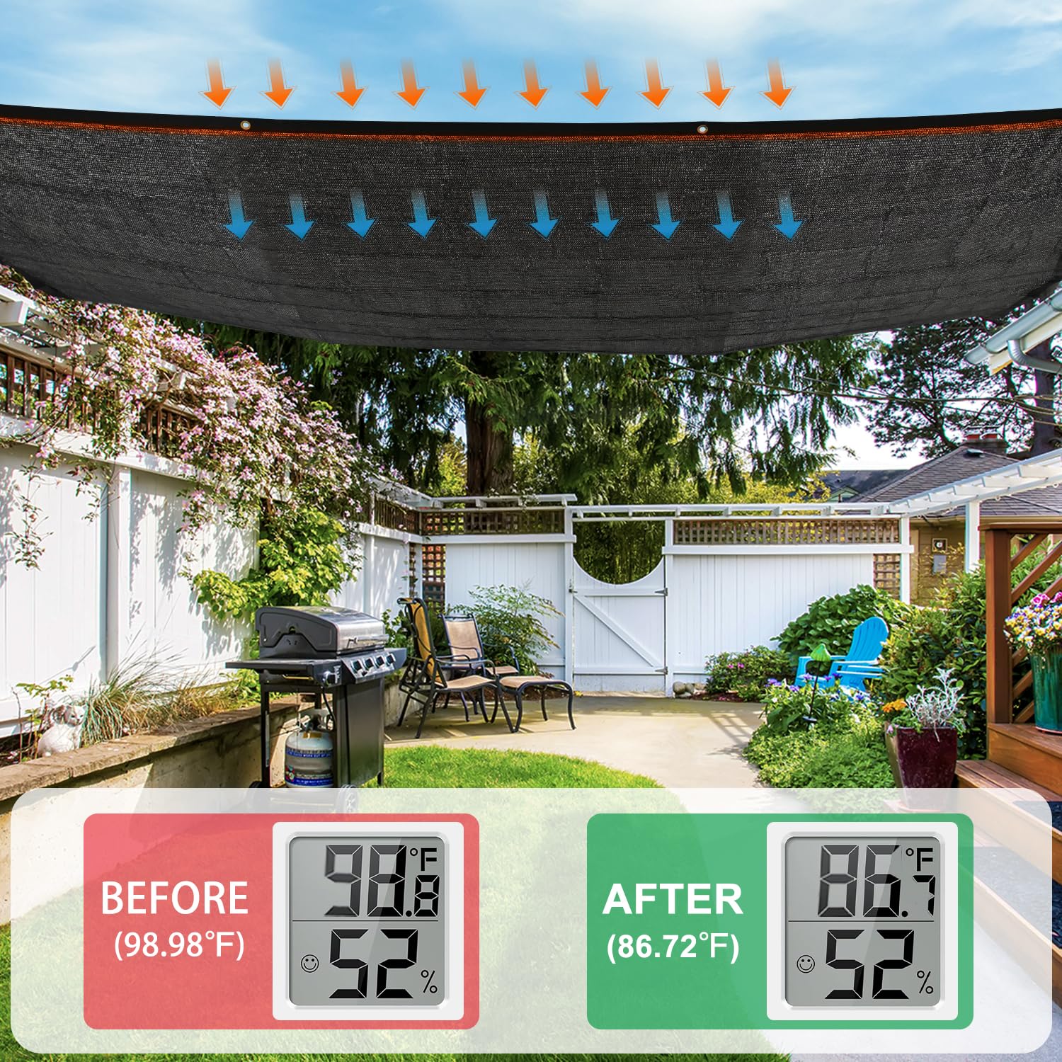 Kesfitt patio shade fabric creates cooler outdoor seating during summer