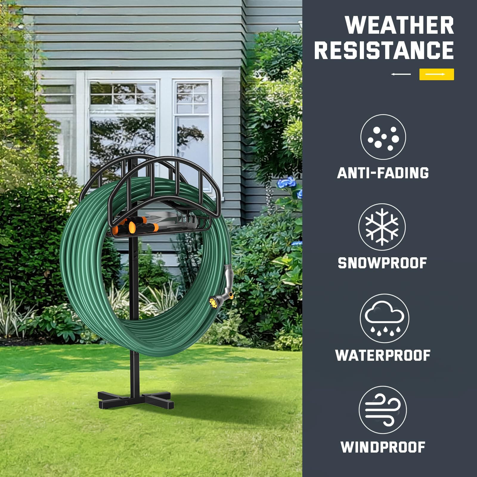 Kesfitt yard organizer neatly stores hoses and garden tools.