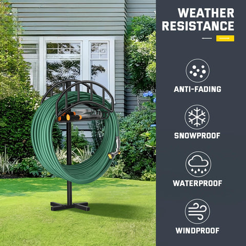 Kesfitt yard organizer neatly stores hoses and garden tools.