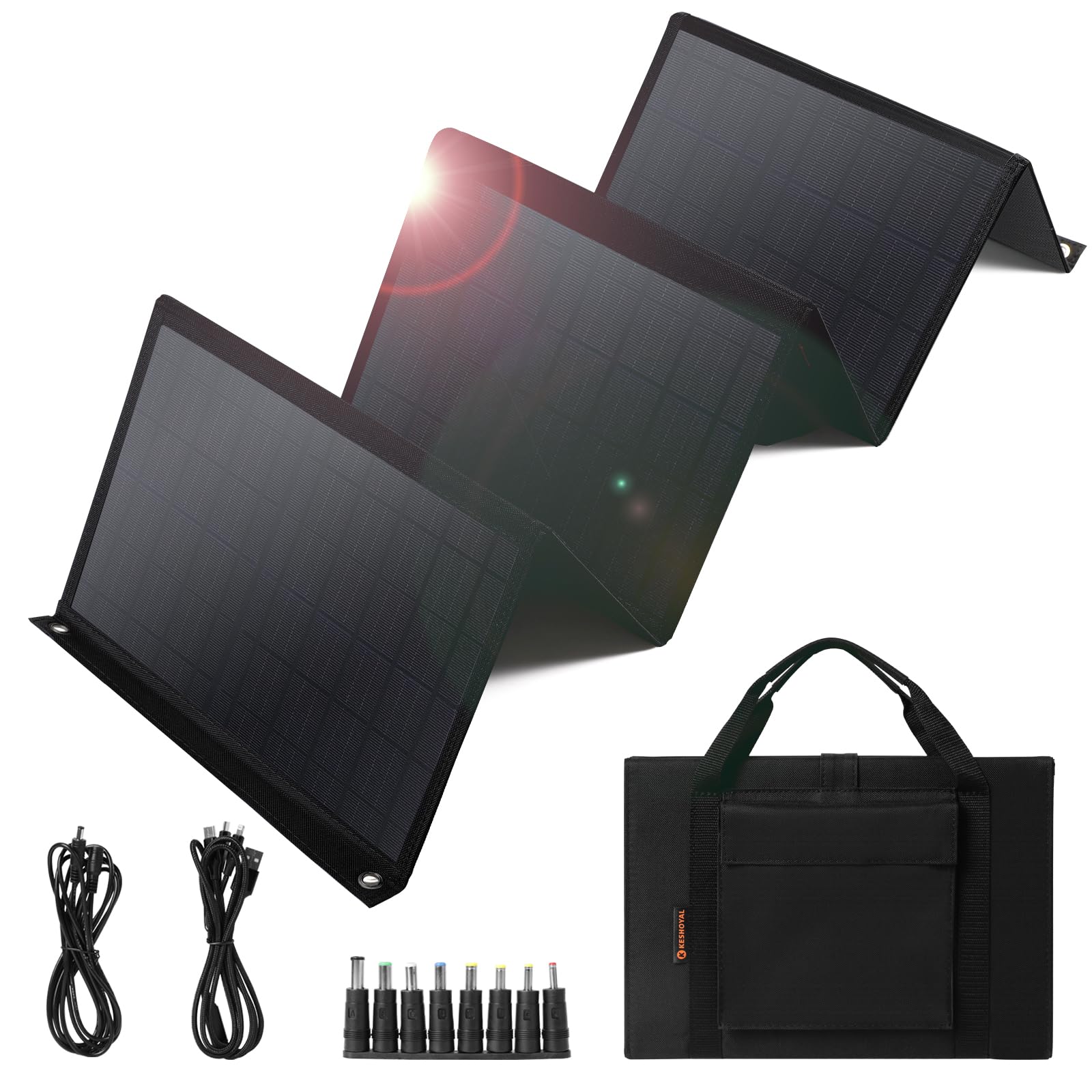Keshoyal 60W foldable solar panel front view for portable outdoor charging.