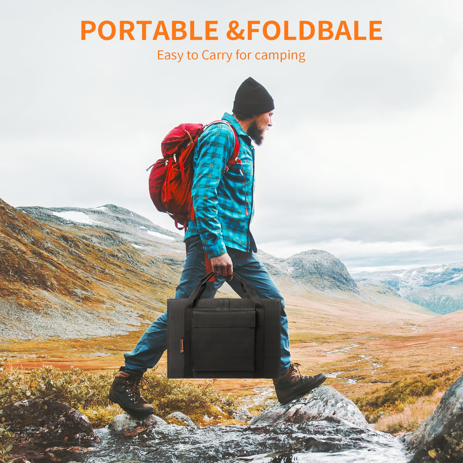 Keshoyal foldable solar panel in-use setup on a campsite for daytime charging.