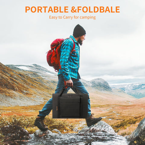 Keshoyal foldable solar panel in-use setup on a campsite for daytime charging.