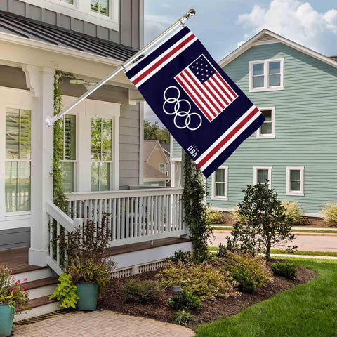 Kesysova Olympic flag on a pole outdoors for event signage