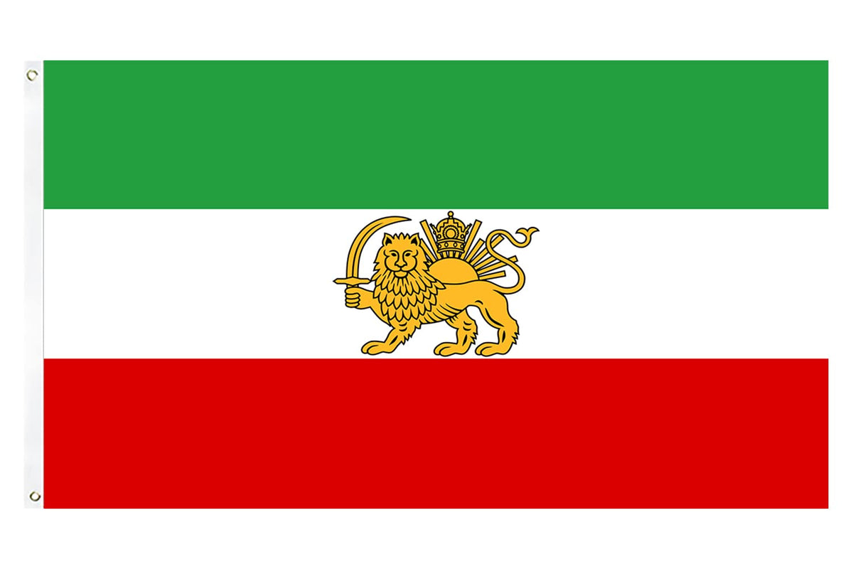 Kesysova Iran flag with lion 3x5 flying in breeze with vivid colors.
