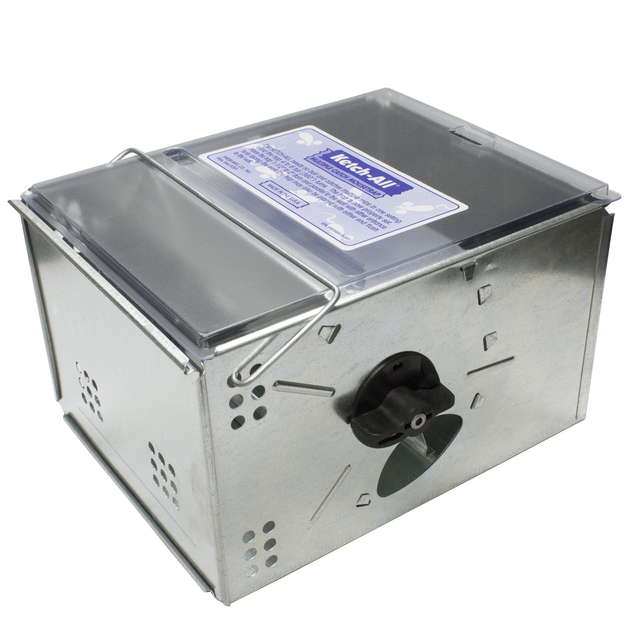 Ketch-All mousetrap with clear lid enabling easy monitoring and sanitary disposal.
