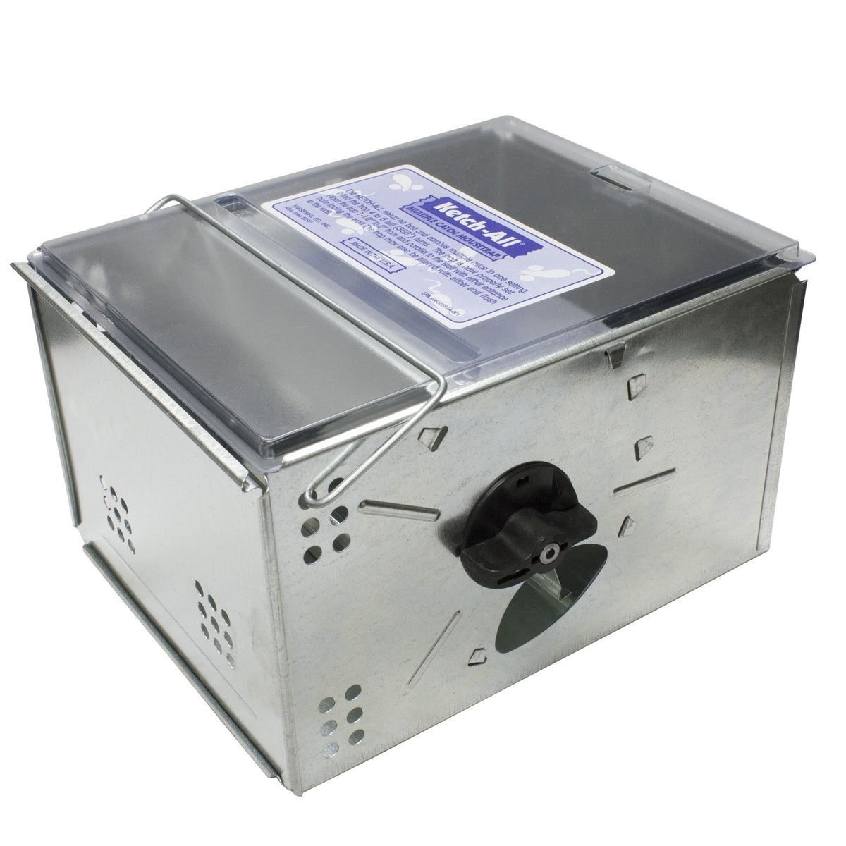 Ketch-All mousetrap with clear lid enabling easy monitoring and sanitary disposal.
