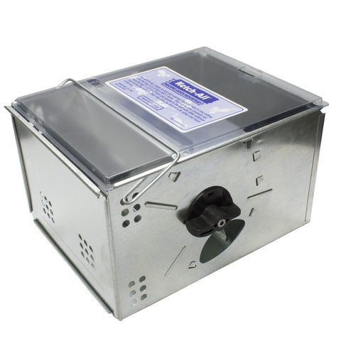 Ketch-All mousetrap with clear lid enabling easy monitoring and sanitary disposal.