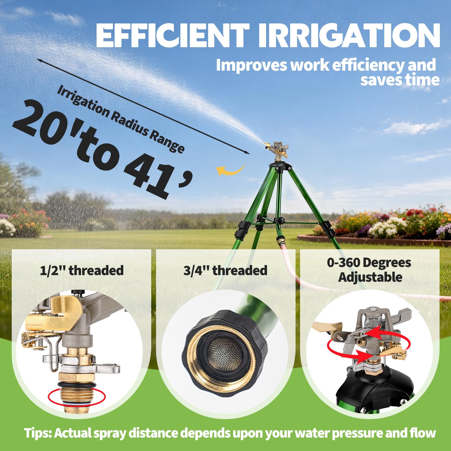 Keten sprinkler with adjustable spray angle for protecting edges while watering beds.