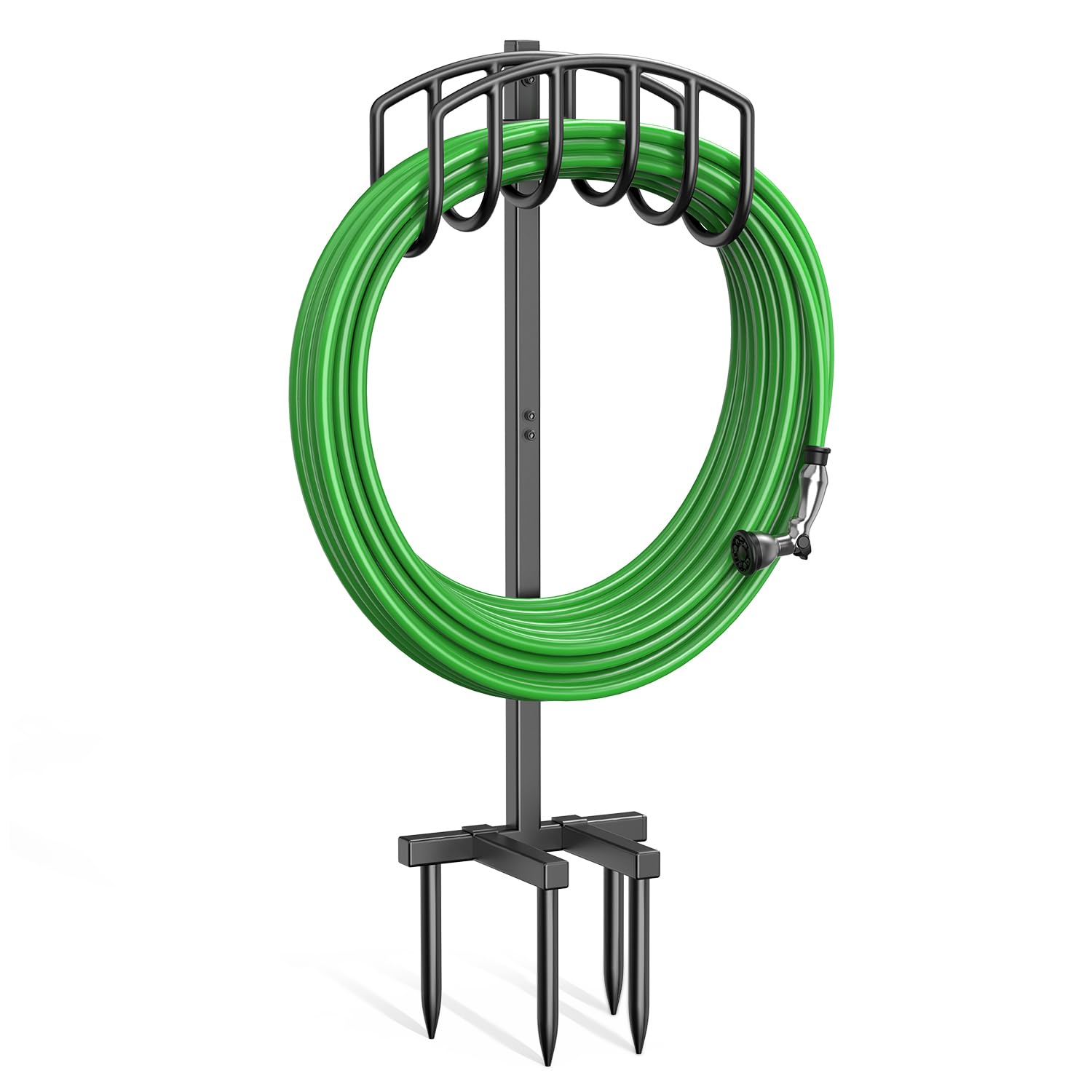 Keten garden hose holder with 4-spike base keeps hoses secure outdoors.
