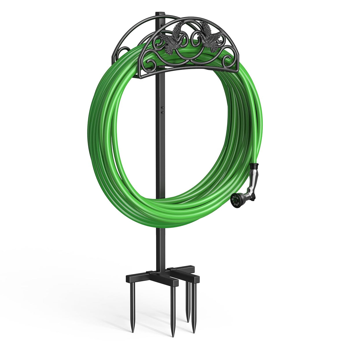 Keten garden hose holder with four spikes keeps hoses organized in the yard.