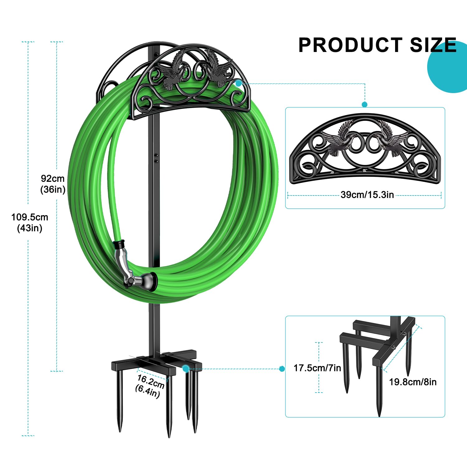 Keten heavy-duty freestanding stand supports large hoses without tipping.