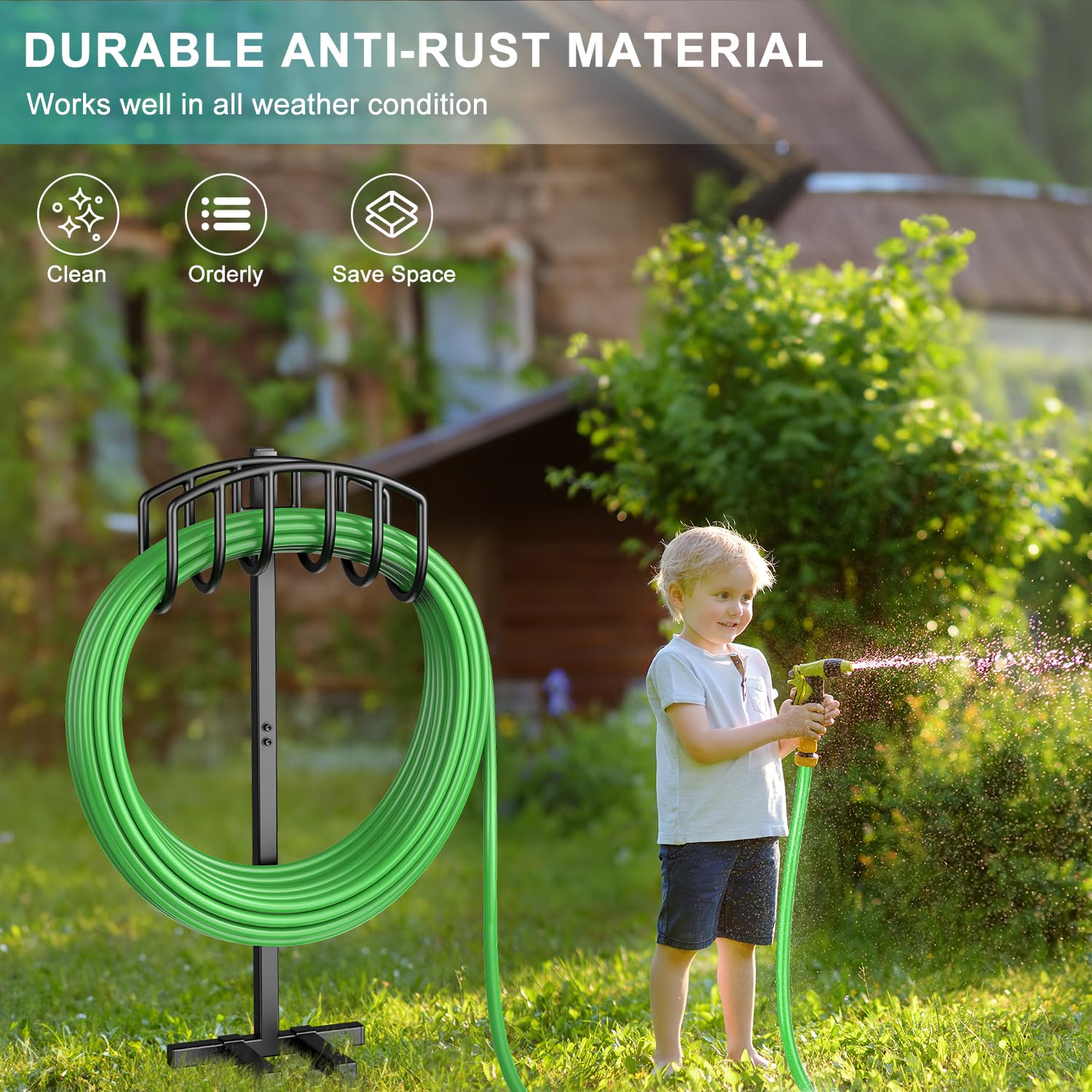 Keten heavy-duty metal hose rack resists weather and rust.