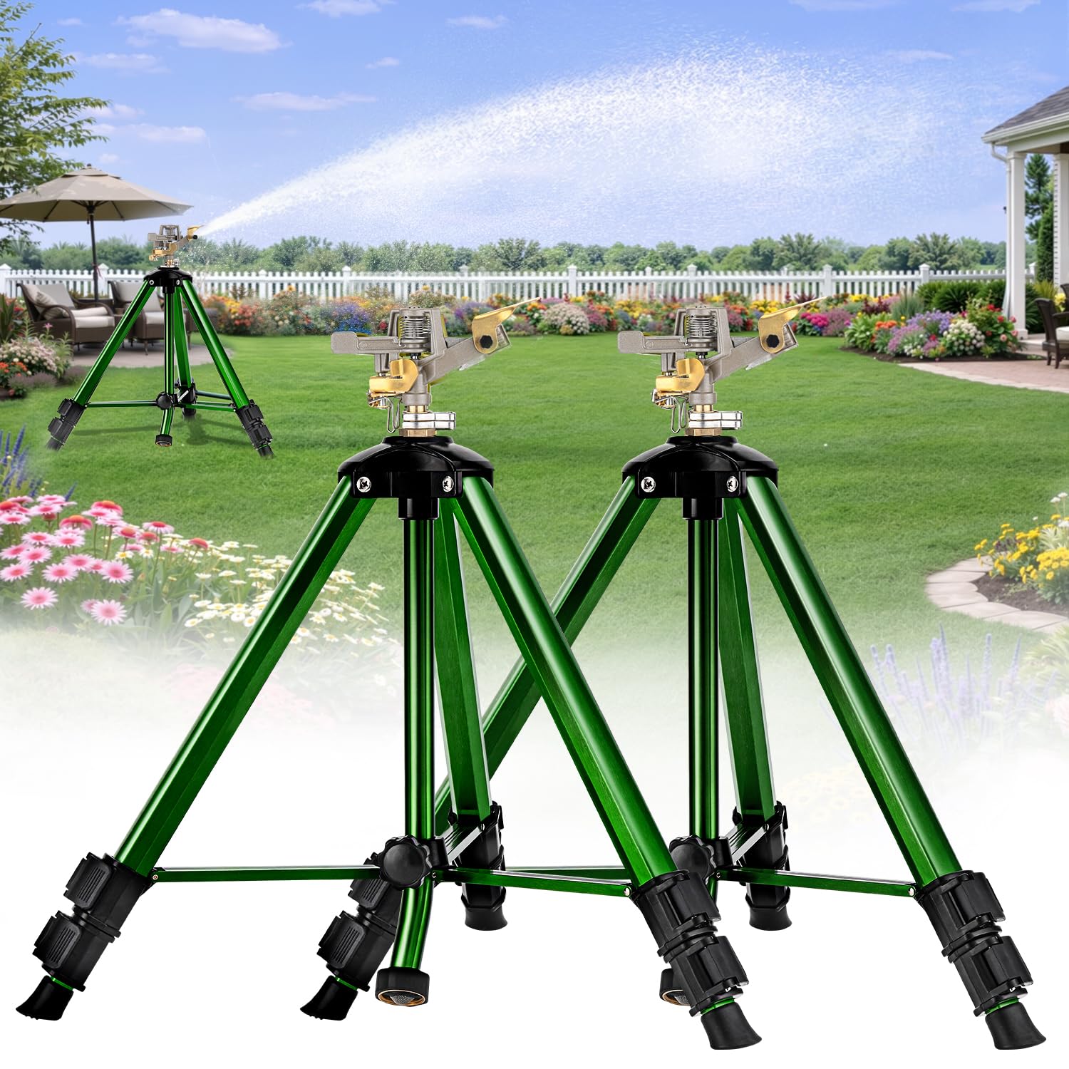Keten impact lawn sprinkler on tripod stand delivering even coverage across a wide lawn.