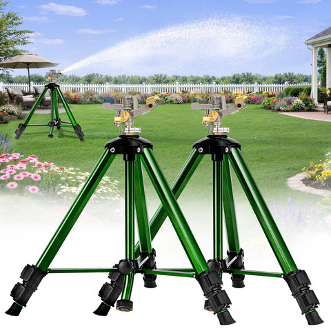 Keten impact lawn sprinkler on tripod stand delivering even coverage across a wide lawn.