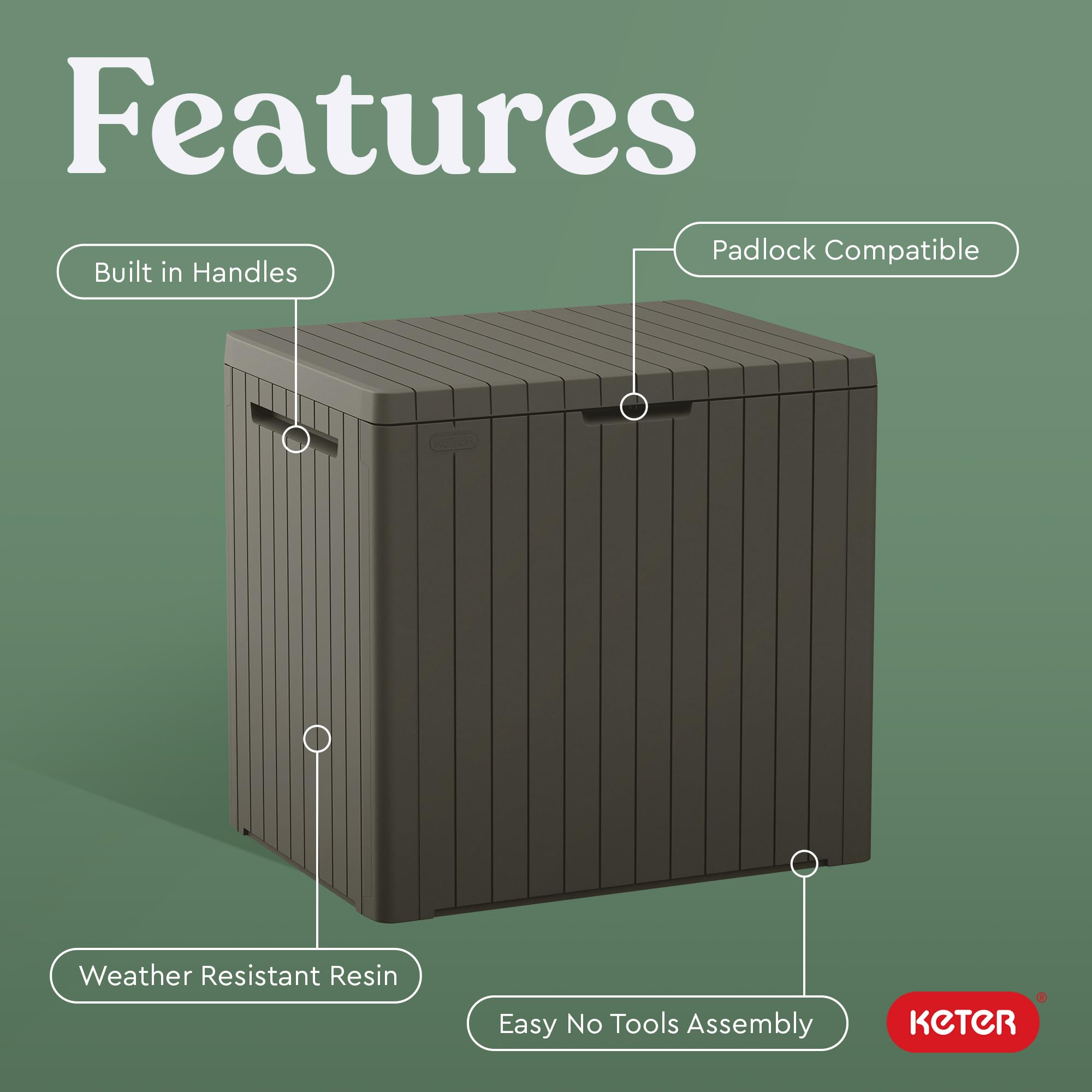Keter City 30-Gallon storage box on balcony with cushions for compact storage