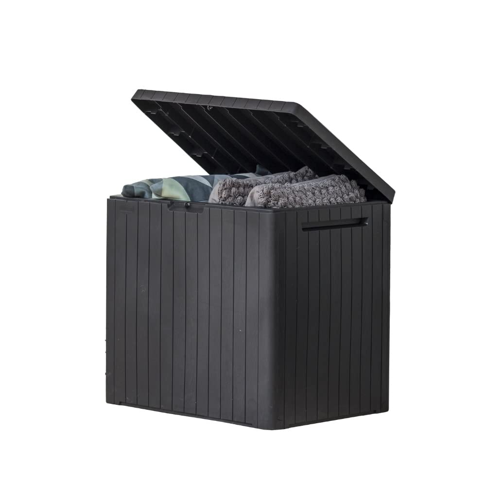 Keter City 30 Gallon storage box front view in wood-look resin for outdoor storage