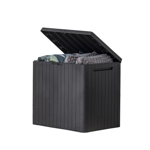 Keter City 30 Gallon storage box front view in wood-look resin for outdoor storage