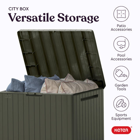 Keter City 30-Gallon storage box interior and exterior dimensions for space planning