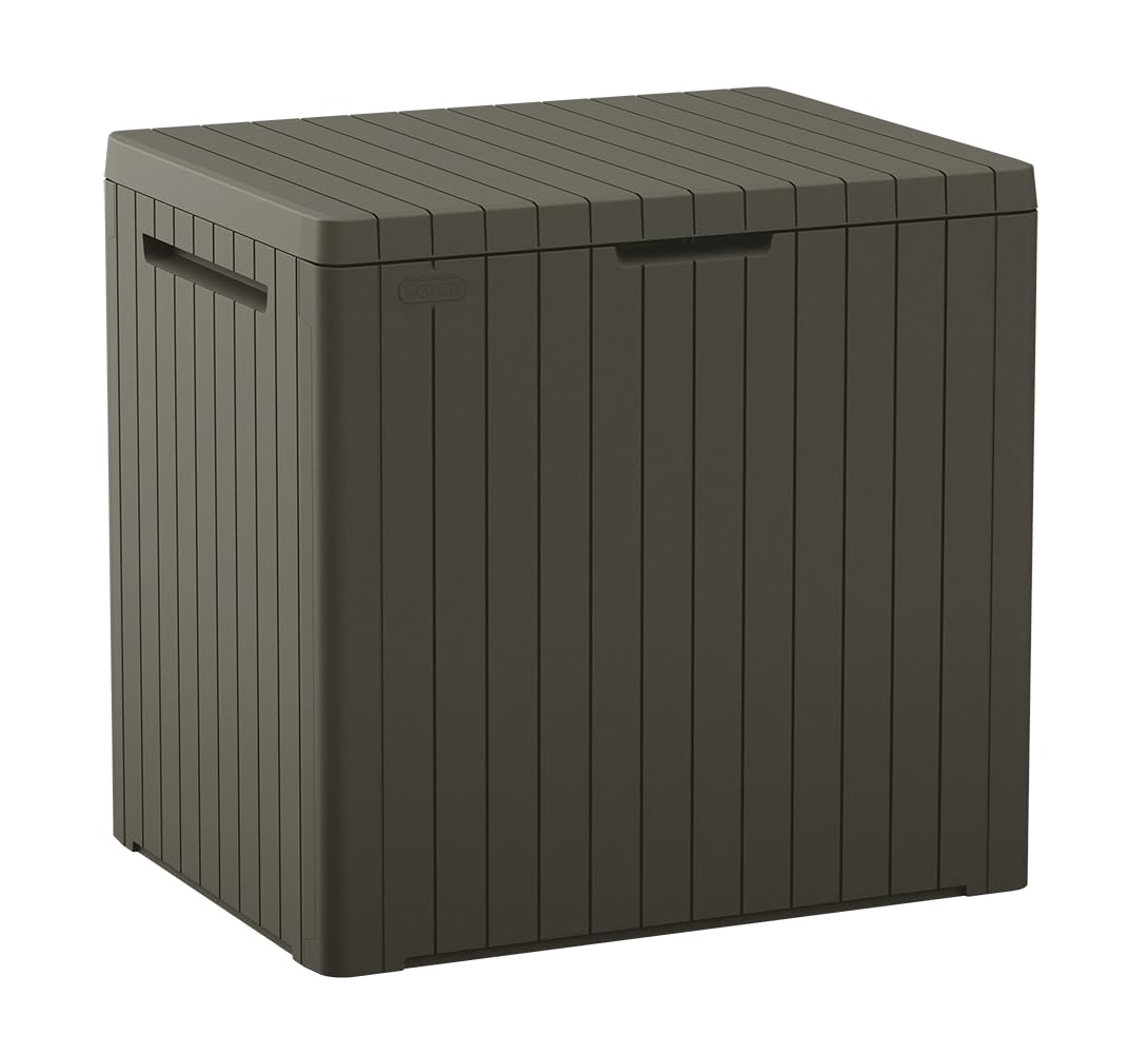 Keter City 30-Gallon storage box with lid open, interior space for cushions