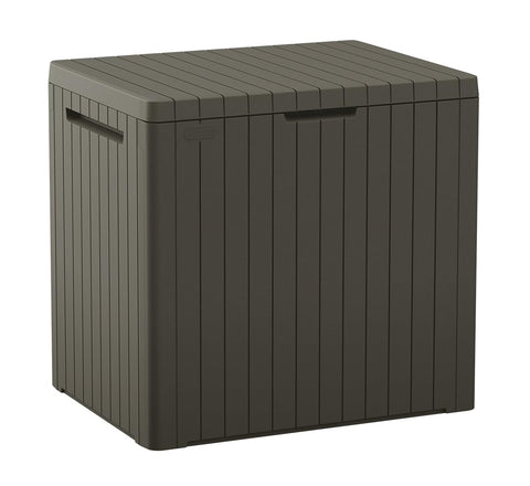 Keter City 30-Gallon storage box with lid open, interior space for cushions