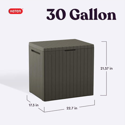Keter City 30-Gallon storage box used as seat beside outdoor setup