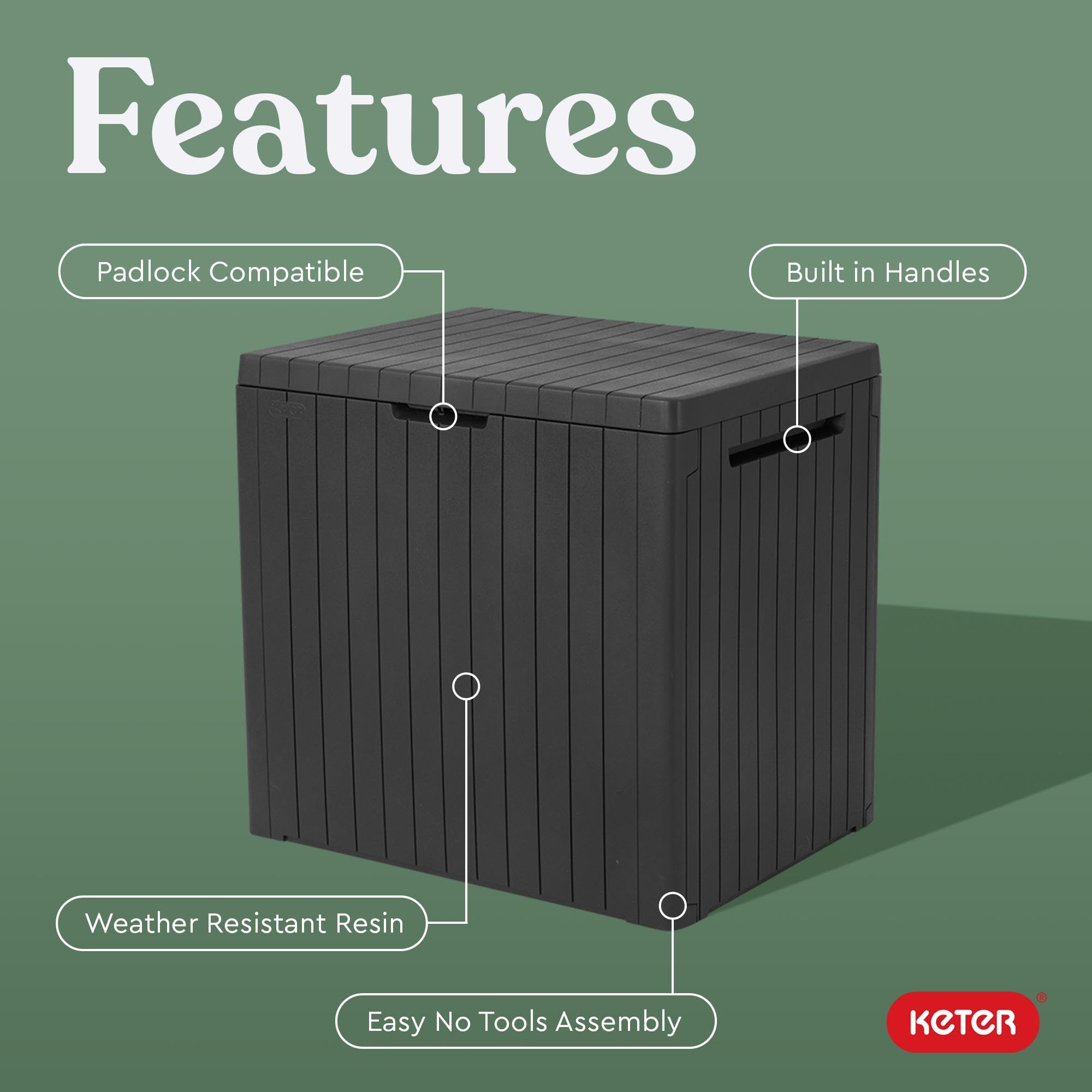 Keter City 30 Gallon storage box used as an outdoor side table beside seating