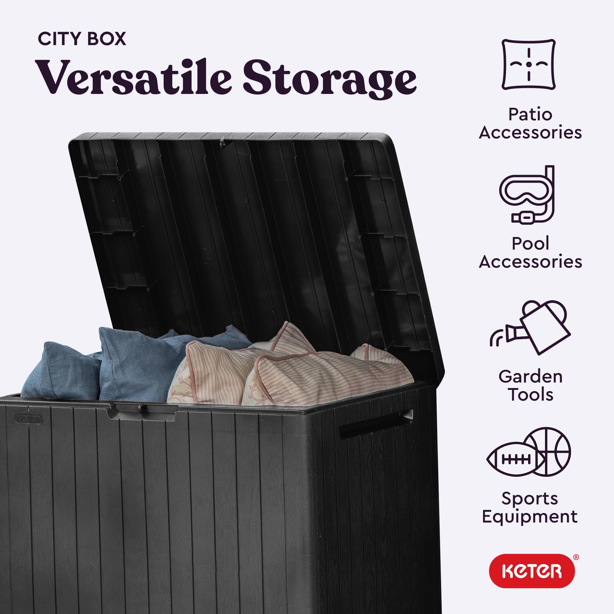 Keter City 30 Gallon storage box with wood-look texture blending with patio decor