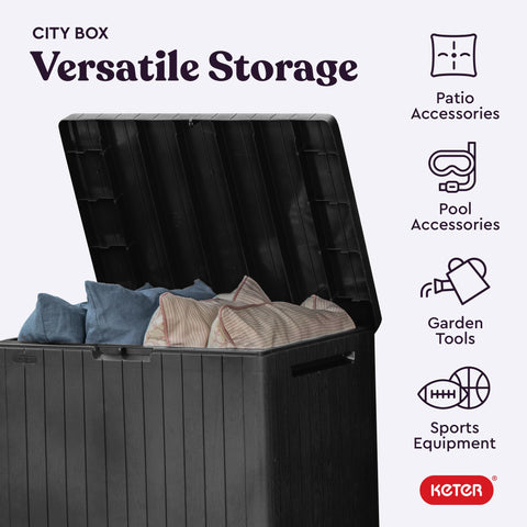 Keter City 30 Gallon storage box with wood-look texture blending with patio decor