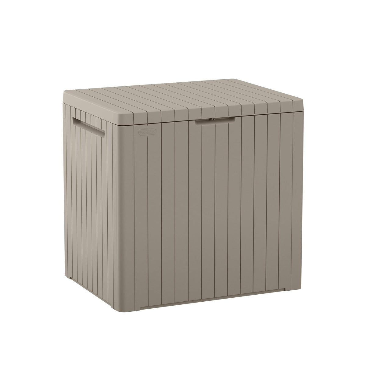 Keter City 30 Gallon beige storage box, front view, ideal for organized outdoor cushions.