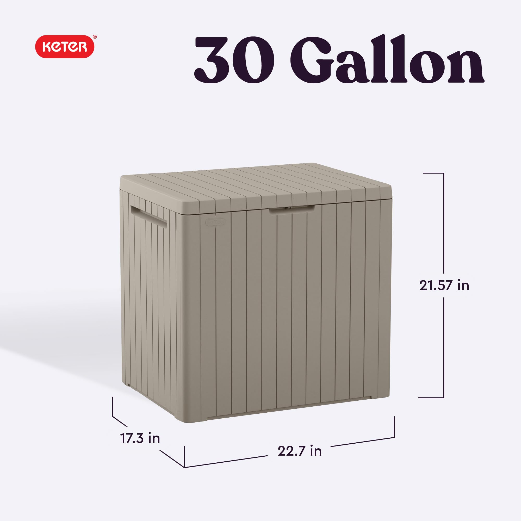 Keter City 30 Gallon beige storage box with lid open, convenient poolside storage.