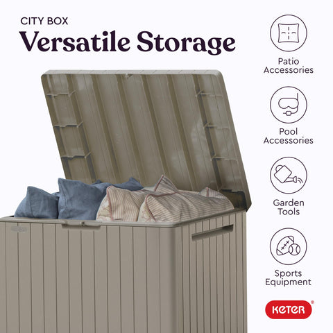 Keter City 30 Gallon beige poolside use, weather-resistant.