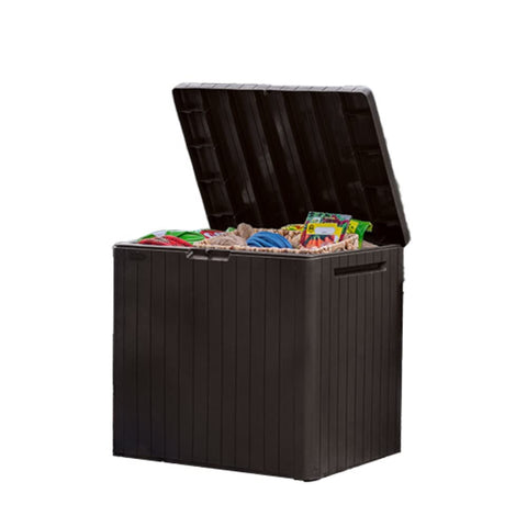 Keter City Box 30-gallon brown storage with closed lid for outdoor protection.
