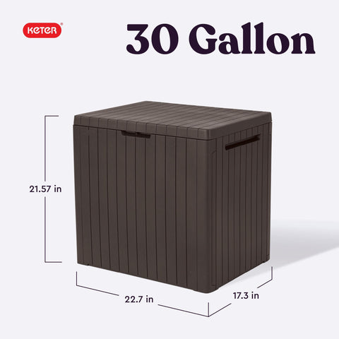 Keter City Box side table in brown doubles as an outdoor surface.