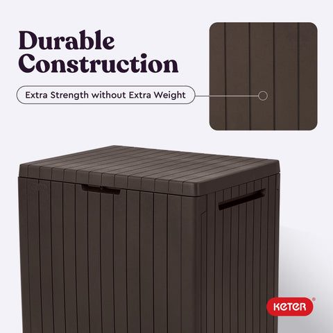 Keter City Box stores cushions and pool accessories neatly in brown.