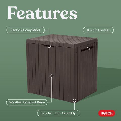 Keter City Box UV-protected resin construction for long-lasting outdoor use.