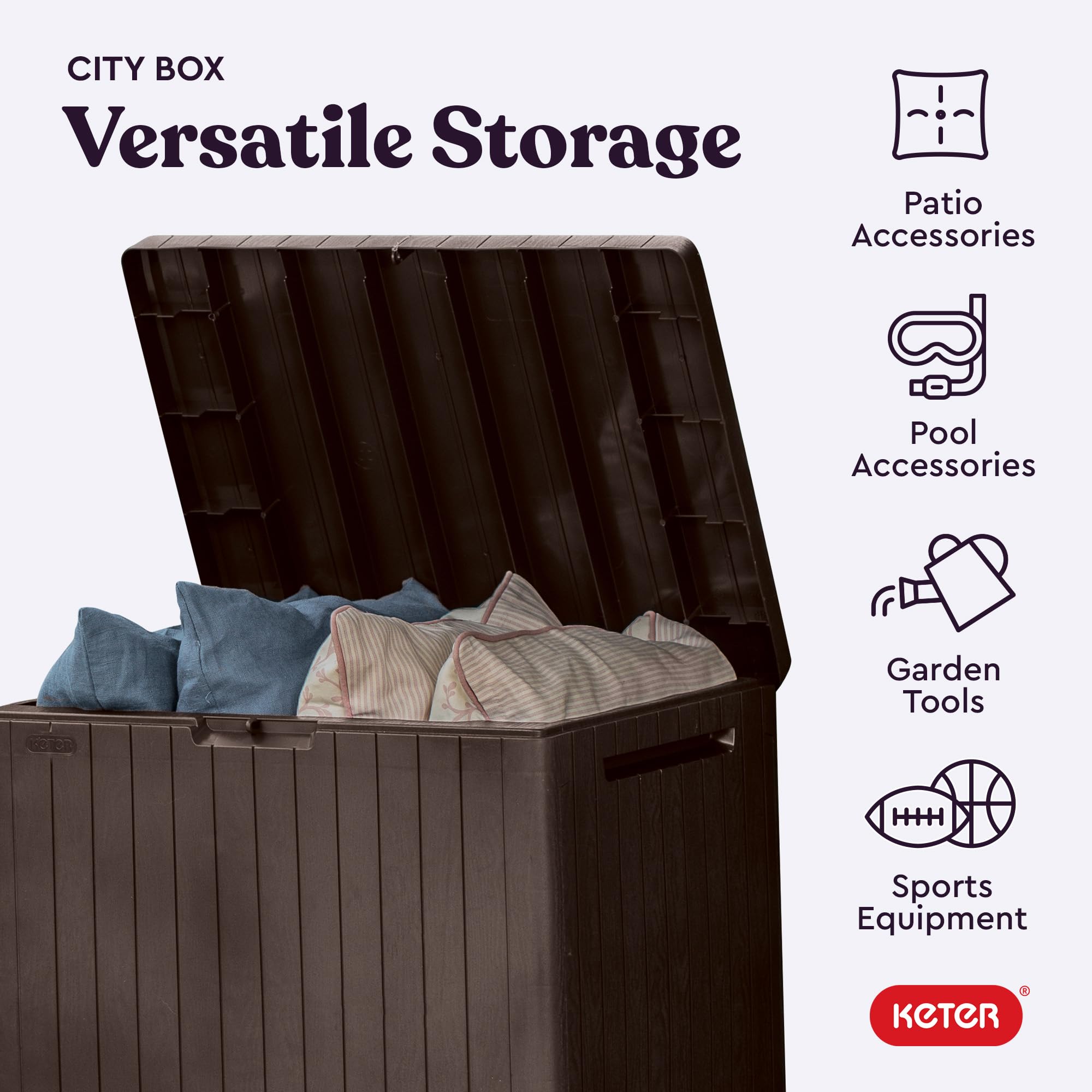 Keter City Box wood-look finish enhances patio décor in brown.