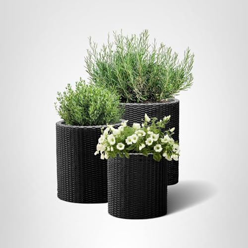 Keter Cylinder black finish complements modern outdoor spaces.