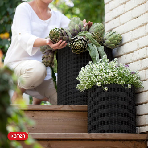 Keter Cylinder planter on porch adds greenery to outdoor decor.